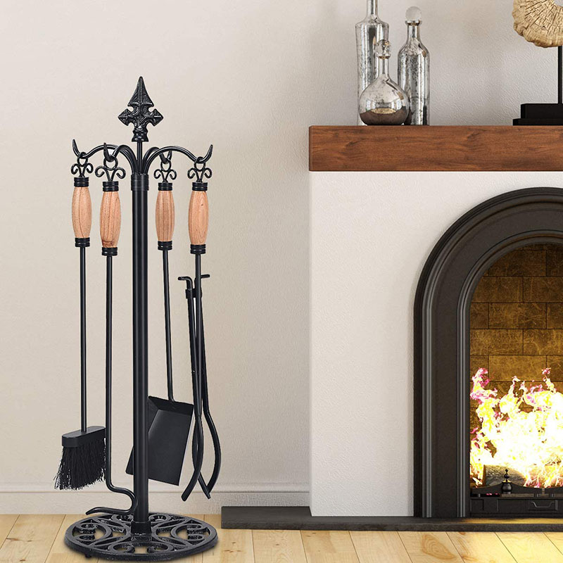 5 Pcs Fireplace Tools Sets Black Handle Wrought Iron Fire Tool Set and Holder Outdoor Fireset Fire Pit Stand Rustic Tongs Shovel (3)